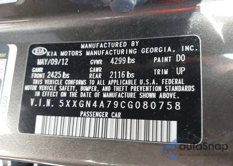 2012 Kia Optima Ex from USA, damaged, VIN 5XXGN4A79CG080758